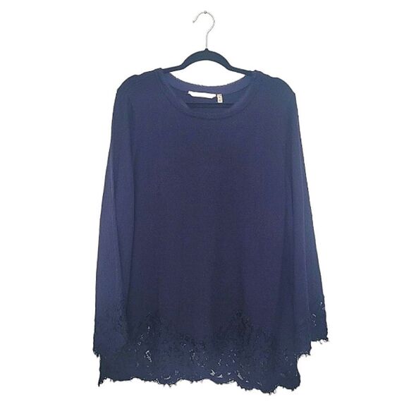Soft Surroundings Navy Blue Lace Trim Cashmere Wool Blend Longline Sweater - Picture 1 of 6